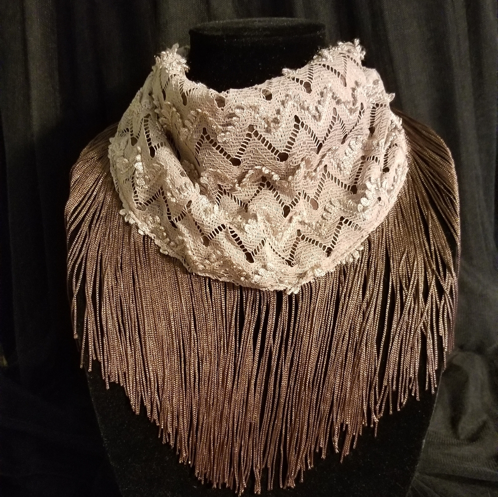 Brown Lace Fringe Triangle Scarf – Multi-Use Face Covering & Necklace